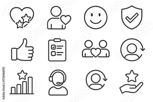 Client Satisfaction Icons. Line style icons of client satisfaction: heart with stars, loyal customer icon, service smiley, trust