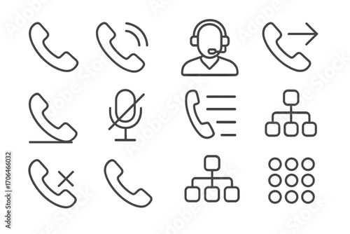 Call Center Icons. Line style icons of call center symbols: phone dialer, ringing icon, agent with mic, call transfer; hold icon,
