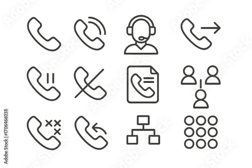 Call Center Icons. Line style icons of call center symbols: phone dialer, ringing icon, agent with mic, call transfer; hold icon,