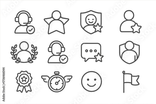 Support Badge Icons. Line style icons of support badges and labels: verified agent, expert badge, premium support, priority pass;