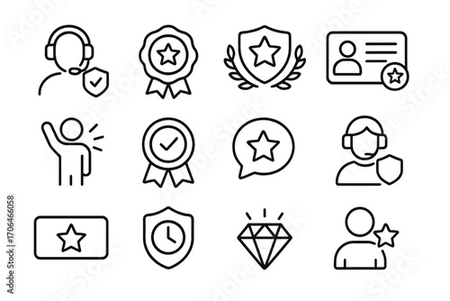 Support Badge Icons. Line style icons of support badges and labels: verified agent, expert badge, premium support, priority pass;