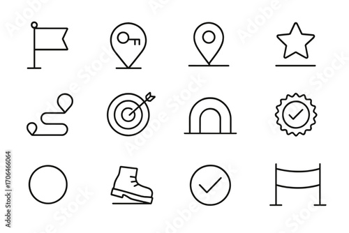 Project Milestones Icons. Line style icons of project milestones: milestone flag, key event icon, timeline marker, completion star