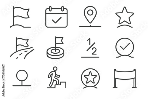 Project Milestones Icons. Line style icons of project milestones: milestone flag, key event icon, timeline marker, completion star