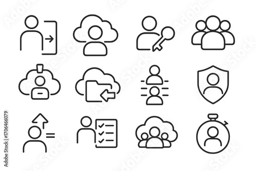User Access Icons. Line style icons of user access: login icon, account in cloud, permission key, user group icon; cloud access