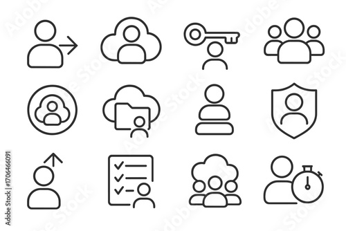 User Access Icons. Line style icons of user access: login icon, account in cloud, permission key, user group icon; cloud access