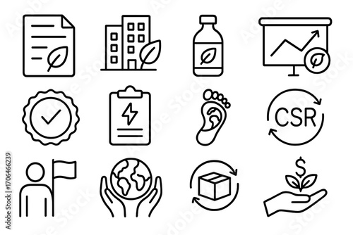 Corporate Sustainability Icons. Line style icons of corporate sustainability: ESG report, green office, eco-friendly product icon,