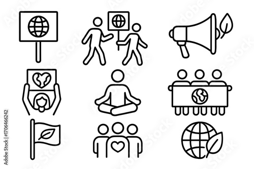 Eco Activism Icons. Line style icons of environmental protests and activism: protest sign, climate march icon, megaphone with leaf
