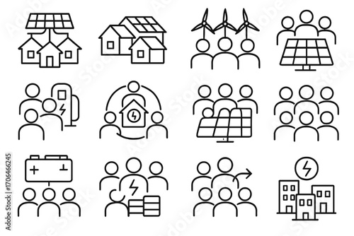Community Energy Icons. Line style icons of community energy: shared solar grid, neighborhood panel, group wind farm, energy
