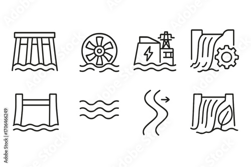 Hydroelectric Energy Icons. Line style icons of hydroelectric energy: dam with water, water turbine, hydro plant icon, flowing