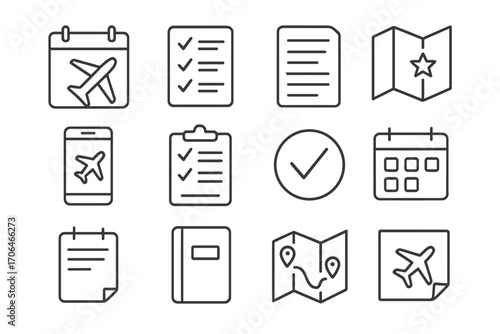 Travel Planning Icons. Line style icons of travel planning: calendar with airplane, travel checklist, itinerary sheet, map with