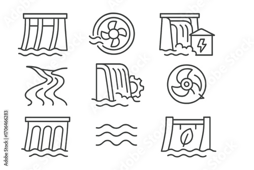 Hydroelectric Energy Icons. Line style icons of hydroelectric energy: dam with water, water turbine, hydro plant icon, flowing