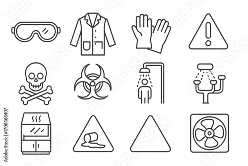 Lab Safety Icons. Line style icons of lab safety: safety goggles, lab coat, gloves, warning sign; toxic symbol, biohazard icon,