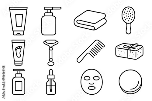 Body Care Icons. Line style icons of body care: moisturizer tube, skincare bottle, soft towel, exfoliating brush; foot cream, face