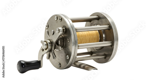 Canvastavla Vintage fishing reel with yellow line isolated PNG with Transparent Background