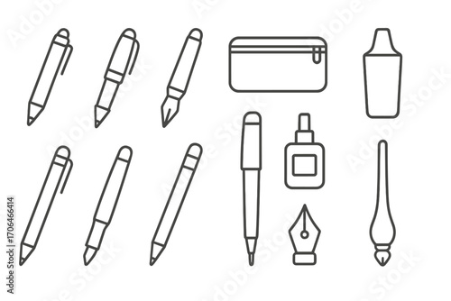 Writing Tools Icons. Line style icons of writing tools: ballpoint pen, fountain pen, pencil case, highlighter; stylus pen,