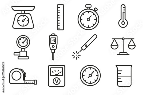 Scientific Measurement Icons. Line style icons of scientific measurement: scale, ruler, stopwatch, thermometer; pressure gauge, PH