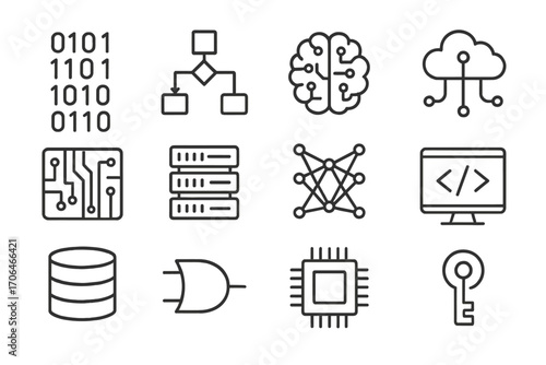 Computer Science Icons. Line style icons of computer science: binary code, algorithm chart, AI brain, data cloud; circuit board,