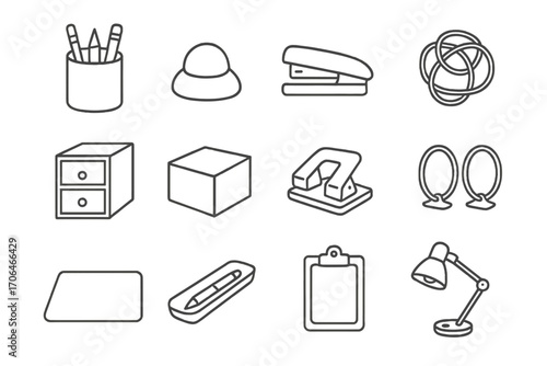 Desk Accessory Icons. Line style icons of desk accessories: pencil holder, paperweight, stapler, rubber bands; mini drawer, memo
