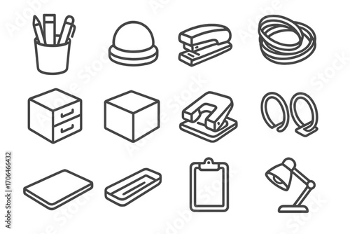 Desk Accessory Icons. Line style icons of desk accessories: pencil holder, paperweight, stapler, rubber bands; mini drawer, memo