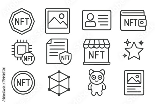 Line Style NFT Icons. Line style icons of NFTs and digital assets: NFT badge, digital artwork, unique ID, NFT wallet; minting icon