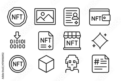 Line Style NFT Icons. Line style icons of NFTs and digital assets: NFT badge, digital artwork, unique ID, NFT wallet; minting icon