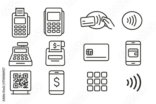 Payment Devices Icons. Line style icons of payment devices: credit card reader, POS terminal, tap to pay icon, contactless symbol;