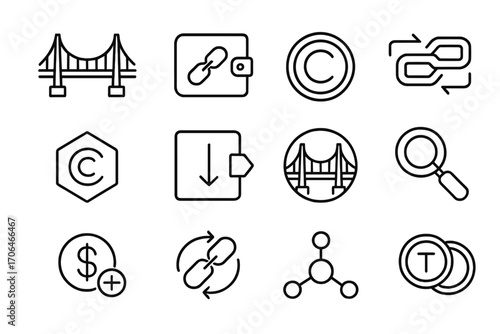Cross-Chain Tool Icons. Line style icons of cross-chain tools: bridge icon, multi-chain wallet, wrapped coin, chain swap;
