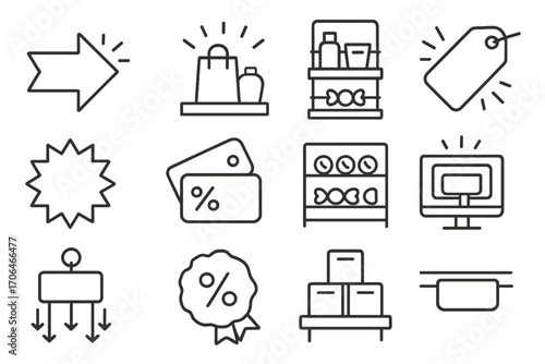 Impulse Buying Icons. Line style icons of impulse buying: last minute sign, tempting display, checkout rack, bonus item; flashing