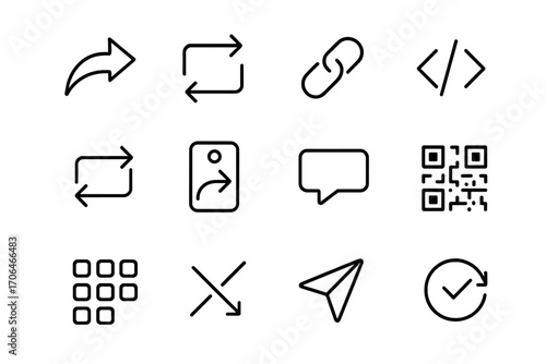 Social Sharing Icons. Line style icons of social sharing tools: share arrow, repost icon, copy link, embed icon; retweet symbol,