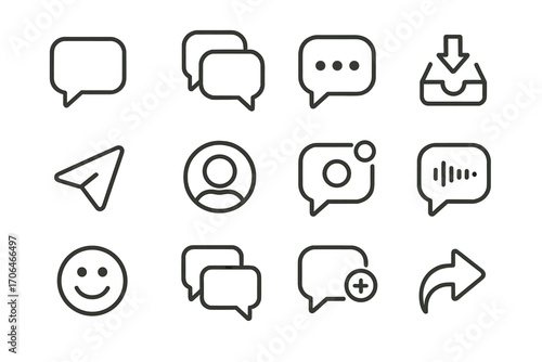 Messaging Icons Set. Line style icons of messaging features: chat bubble, group message, typing dots, inbox tray; send arrow, chat
