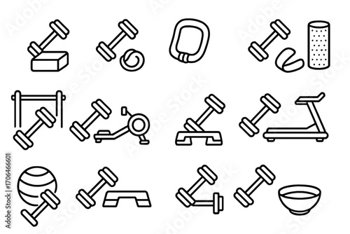 Dumbbell Pairing Icons. Line style icons of dumbbell pairings: dumbbell and yoga block, dumbbell and resistance loop, dumbbell and