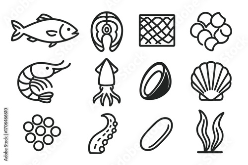Seafood Line Icons. Line style icons of seafood ingredients: whole fish, fish steak, fish skin, fish scales; shrimp, squid, mussel