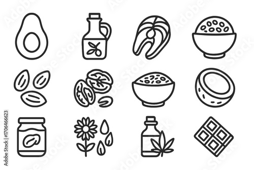Healthy Fat Icons. Line style icons of healthy fat sources: avocado, olive oil bottle, salmon fillet, chia seeds; almonds, walnuts