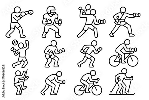 Dumbbell Icons for Sports. Line style icons of dumbbells for different sports: boxing dumbbell drill, football strength dumbbell,