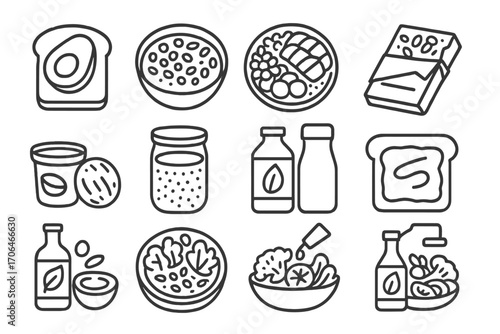Fat-Rich Food Icons. Line style icons of modern fat-rich foods: avocado toast, smoothie bowl with seeds, salmon poke bowl, energy