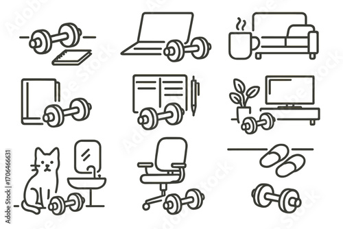 Dumbbells in Daily Life. Line style icons of dumbbells in lifestyle scenes: dumbbell on desk, dumbbell near laptop, dumbbell with