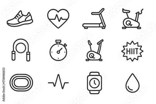 Cardio Fitness Icons. Line style icons of cardio fitness: running shoes, heart rate monitor, treadmill, stationary bike; jump rope