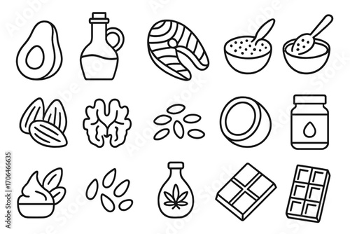 Healthy Fat Icons. Line style icons of healthy fat sources: avocado, olive oil bottle, salmon fillet, chia seeds; almonds, walnuts