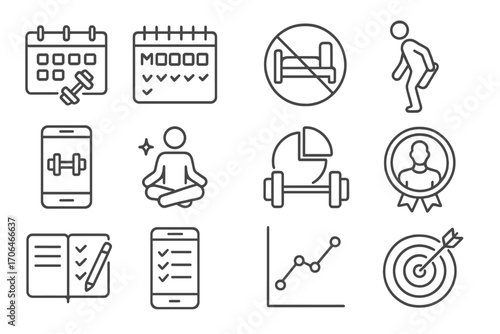 Fitness Routine Icons. Line style icons of fitness routines: workout calendar, 7-day plan, rest day symbol, warm-up stretch;
