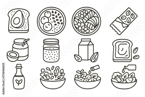 Fat-Rich Food Icons. Line style icons of modern fat-rich foods: avocado toast, smoothie bowl with seeds, salmon poke bowl, energy