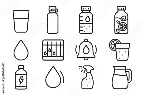 Hydration Essentials Icons. Line style icons of healthy hydration: water glass, reusable bottle, hydration tracker, infused water;