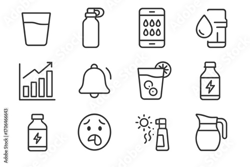 Hydration Essentials Icons. Line style icons of healthy hydration: water glass, reusable bottle, hydration tracker, infused water;