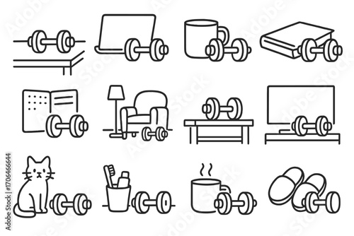 Dumbbells in Daily Life. Line style icons of dumbbells in lifestyle scenes: dumbbell on desk, dumbbell near laptop, dumbbell with