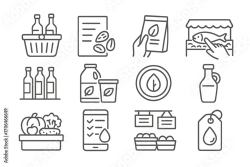Fat-Conscious Shopping Icons. Line style icons of fat-conscious shopping: grocery basket with oils, shopping list with nuts, label