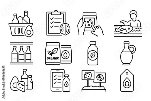Fat-Conscious Shopping Icons. Line style icons of fat-conscious shopping: grocery basket with oils, shopping list with nuts, label