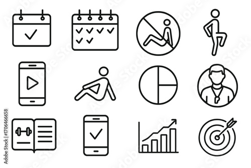 Fitness Routine Icons. Line style icons of fitness routines: workout calendar, 7-day plan, rest day symbol, warm-up stretch;