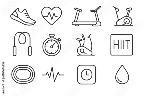 Cardio Fitness Icons. Line style icons of cardio fitness: running shoes, heart rate monitor, treadmill, stationary bike; jump rope
