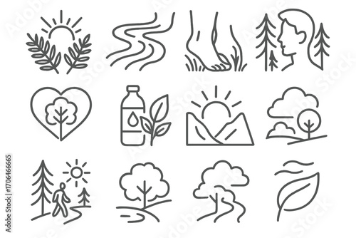 Nature Wellness Icons. Line style icons of nature-based wellness: sun through leaves, water stream, bare feet on grass, breath in