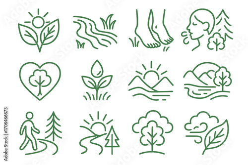 Nature Wellness Icons. Line style icons of nature-based wellness: sun through leaves, water stream, bare feet on grass, breath in