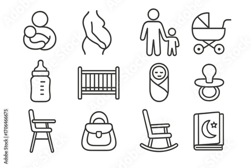 Parenthood Icons Collection. Line style icons of parenthood: baby in arms, pregnant belly, parent and child holding hands, baby
